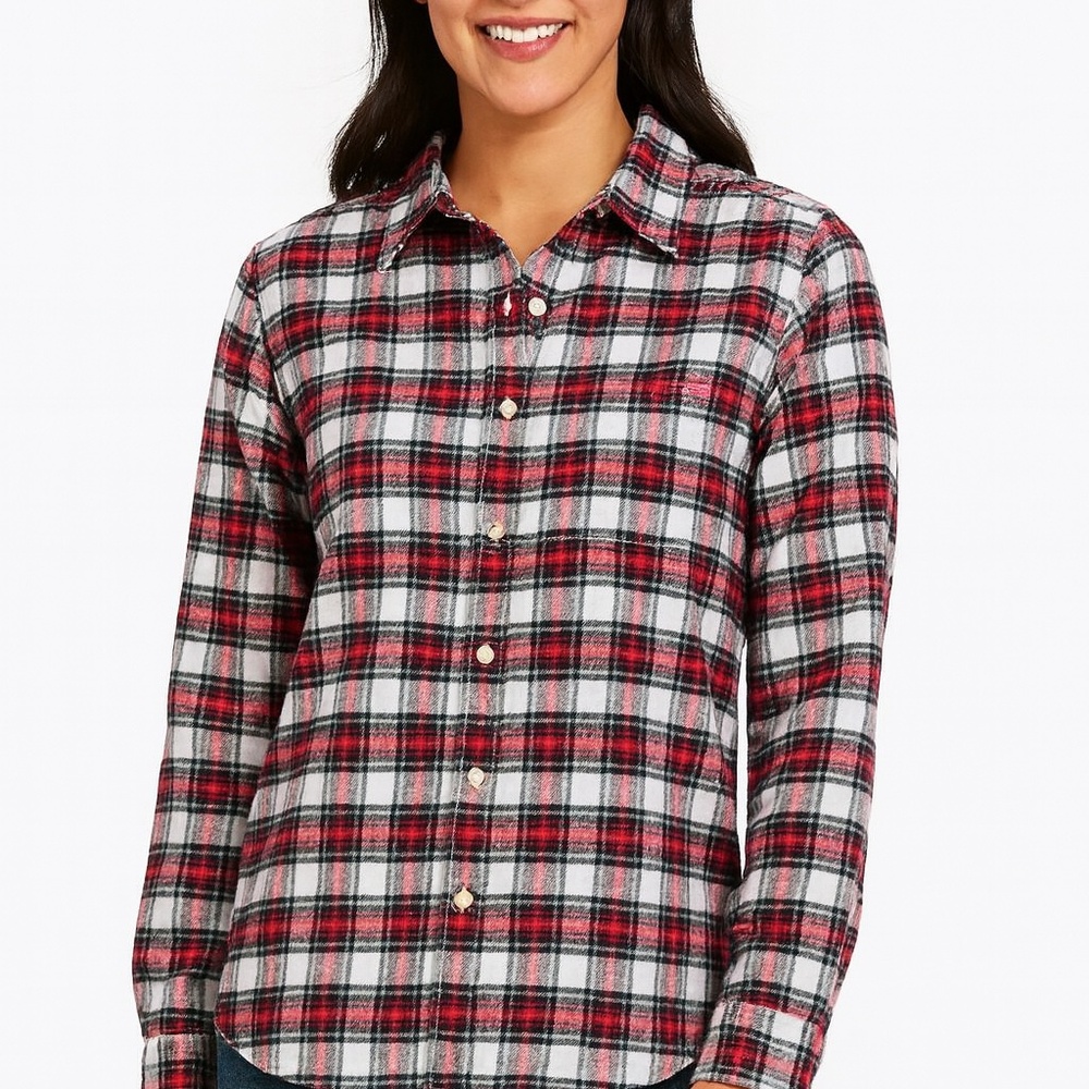 LL Bean Shirt Plaid Flannel Cotton Red Black White Size Medium